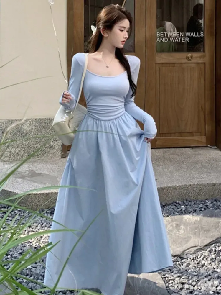 Elegant Long Sleeved Maxi Dress for Women - Soft Cotton and Synthetic Fabric, A-line Style, High Waist, Perfect for Casual and Semi-formal Occasions.