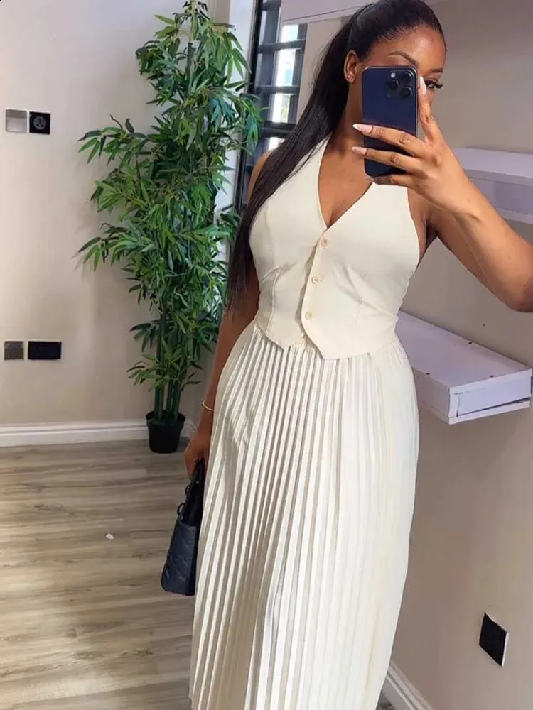 Easter Dresses Celebrities V Neck Sleeveless Buckle Blazer Vest Tops and Pleated Maxi Skirts Formal Office Lady Two Pieces Dress Sets(White/M)