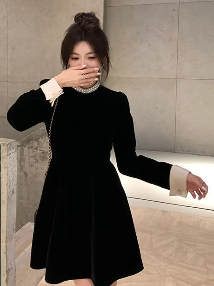 Vintage velvet Black velvet party wear dress with Pearl Detailing - Elegant and Sweet for Women in 241219