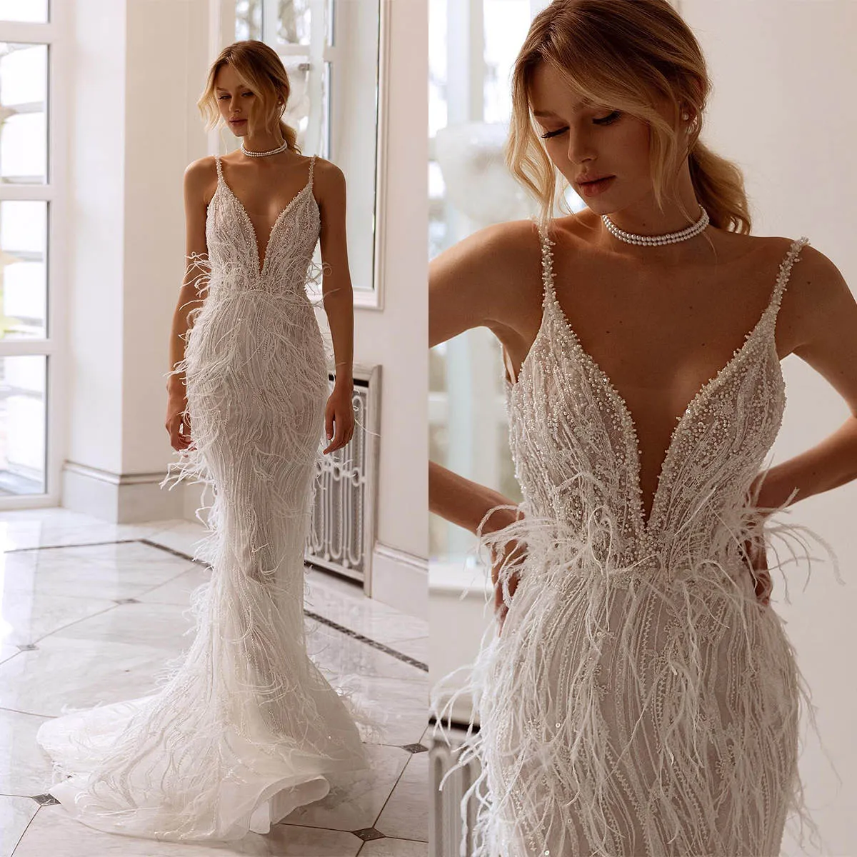 Custom-made extravagant mermaid wedding dresses with Feather, Pearls, Sequins, V-Neckline, Beading, Lace, and Sweep Train