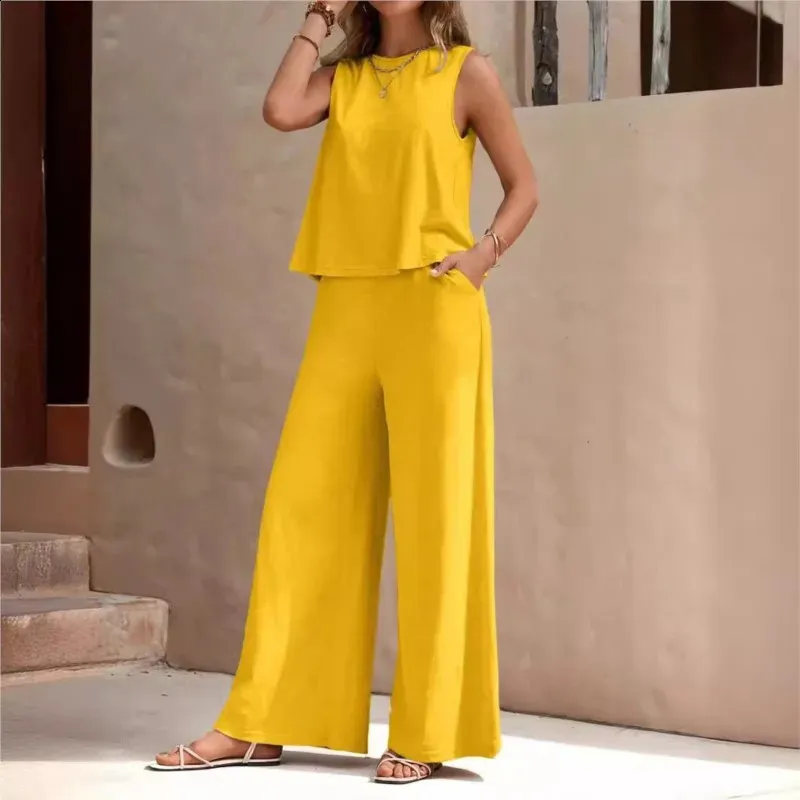 Summer Chic: Yellow Sleeveless Top & Wide Leg Pants Set