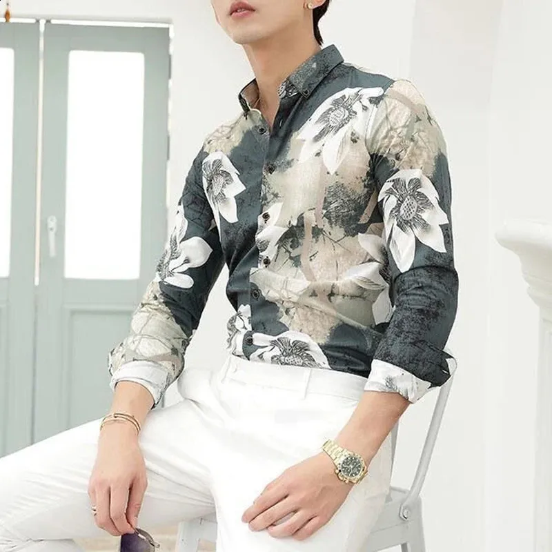 High Street Floral Printed Cardigan Silk Button Down Shirt With Turn Down Collar And Button Detail For Men Spring Autumn Fashion 240816 From Charm clothes 21.69 DHgate.Com
