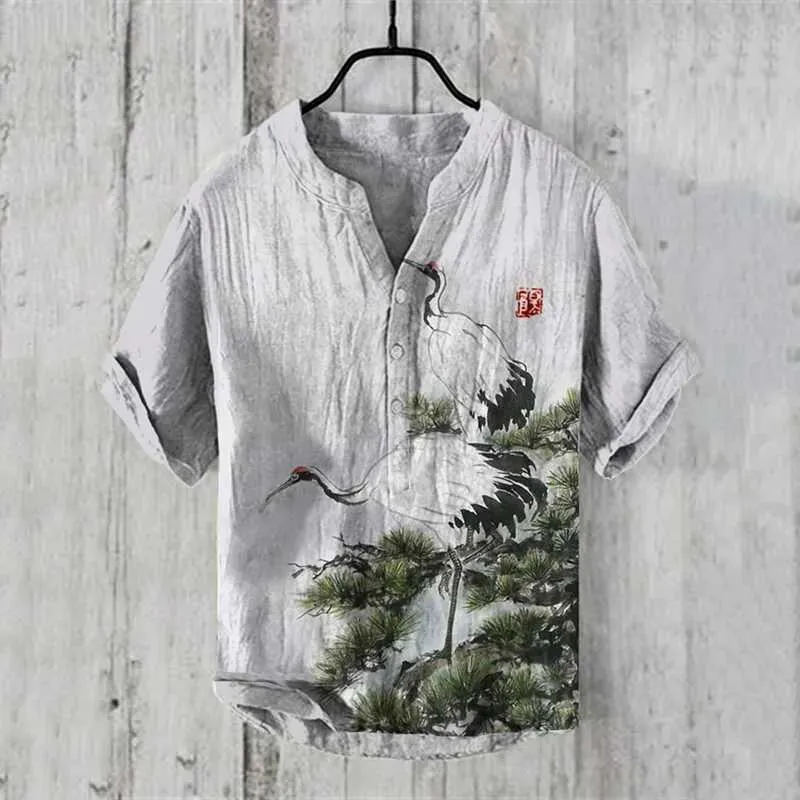 2024Linen Shirt Men Japanese Art Ink Bamboo Bird 3D Printed