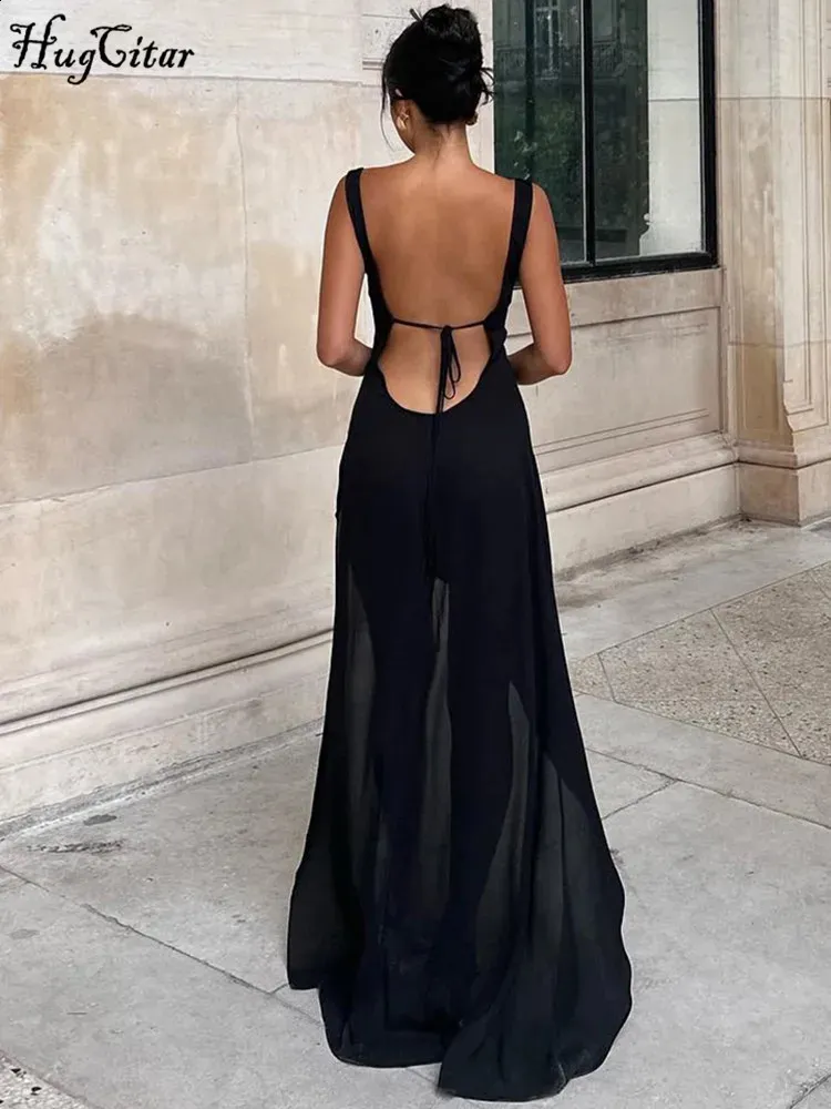 Hugcitar Elegant Black Straps Black chiffon scarf Backless Slit Lace Up Maxi - Perfect for Prom, Wedding & Fashion Outfits (Y2K 240816) Hugcitar Elegant Black Straps Black chiffon scarf Backless Slit Lace Up Maxi - Perfect for Prom, Wedding & Fashion Outfits (Y2K 240816)