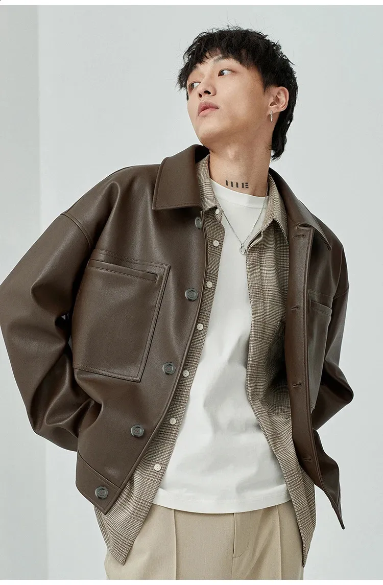 Men's Hooded Faux Leather Jacket with Triple Breasted Closure for