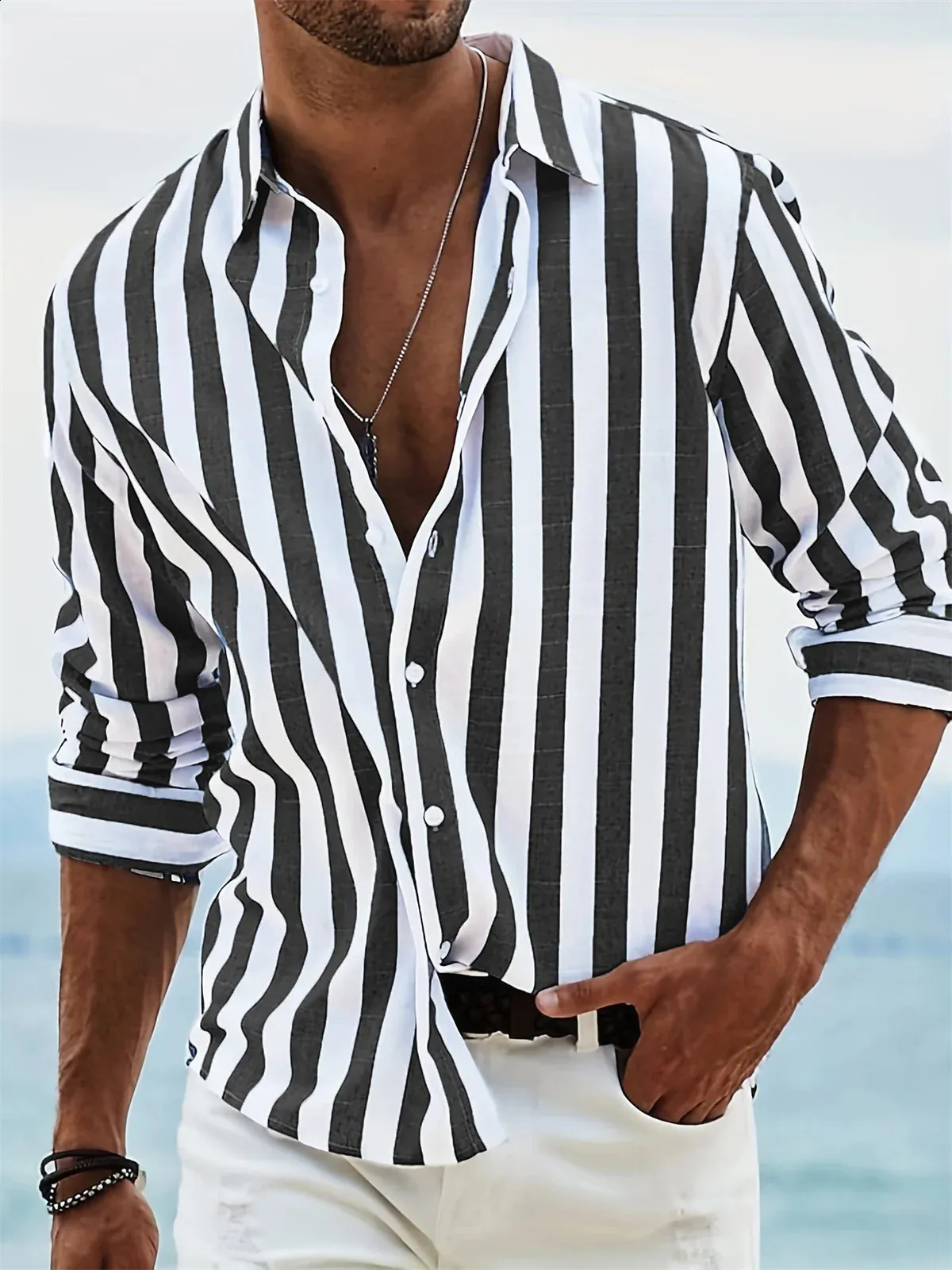 通販 送料無料 DHgate.com:Mens Shirt Casual Hemp Cotton Striped Yarn-Dyed Clothing