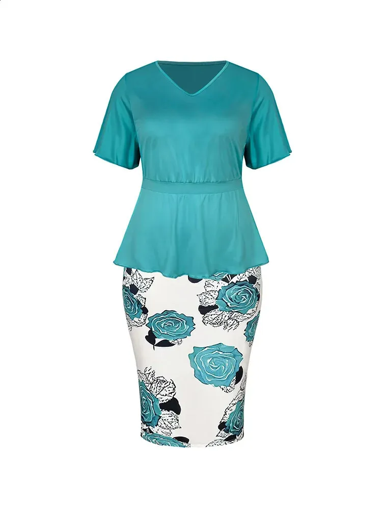 two piece floral bodycon dress Blue Floral Print Satin Ruffle Two Piece Dress