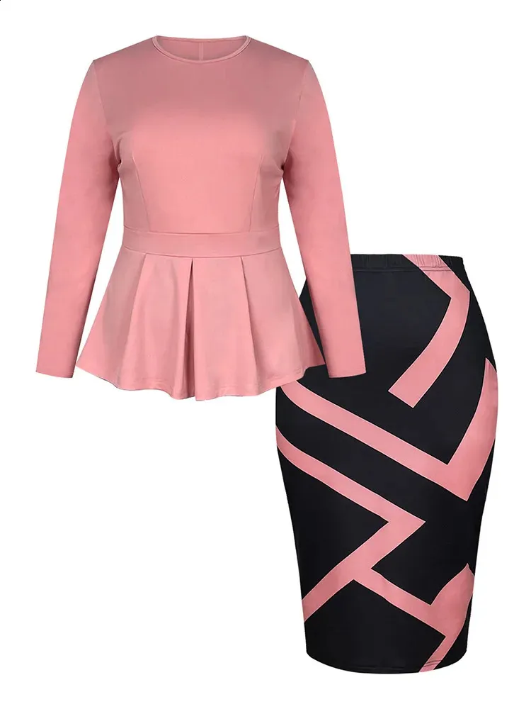Geometric Print Bodycon Dress set for Plus Size Women - Pink Round Neck Long Sleeve T-Shirt Top and Elegant Two-Piece (240816)