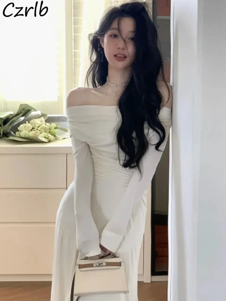 Korean Clothing Womens Casual V Neck Dress Off Shoulder Midi Dress