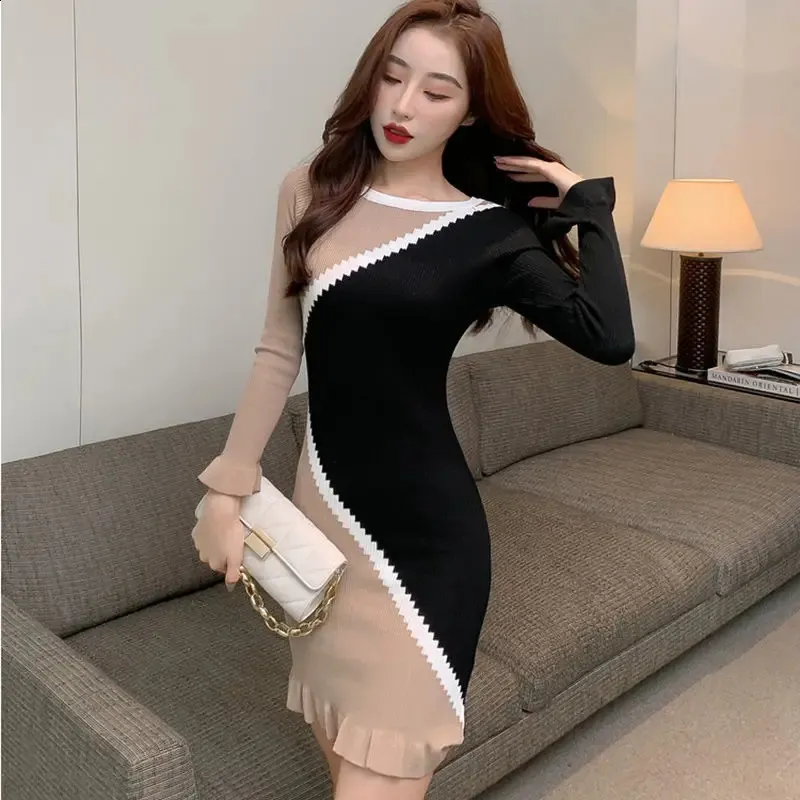 white christmas dresses Korean Long Knit Dress Skinny Black Hip Club Vintage Dress main image 1