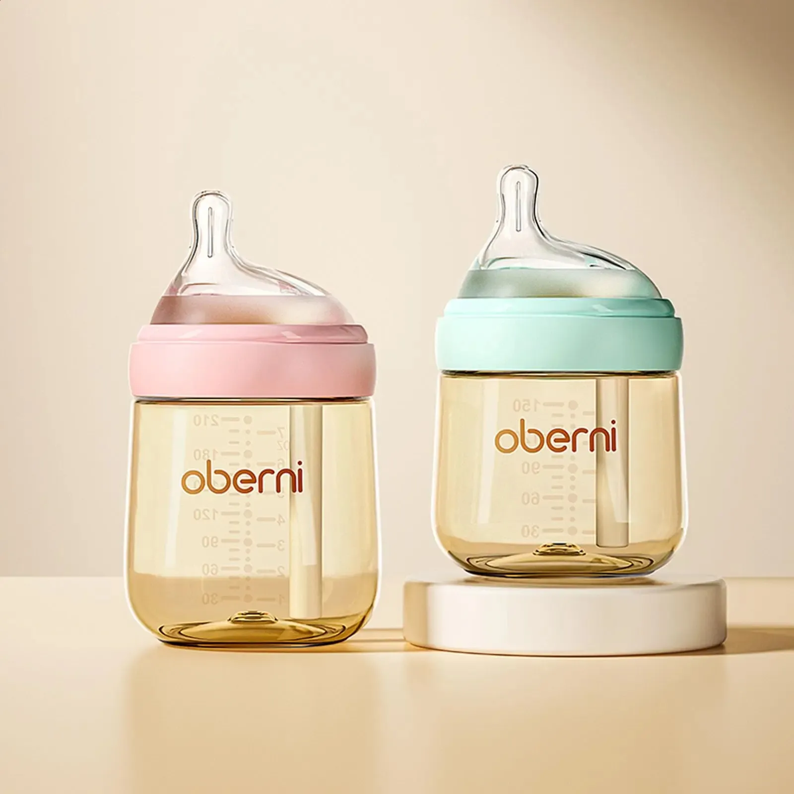 Oberni Anti-Colic Baby Bottle, 240ml, Vent Tube, Breast-Like Nipple,  Silicone, Blue or Pink