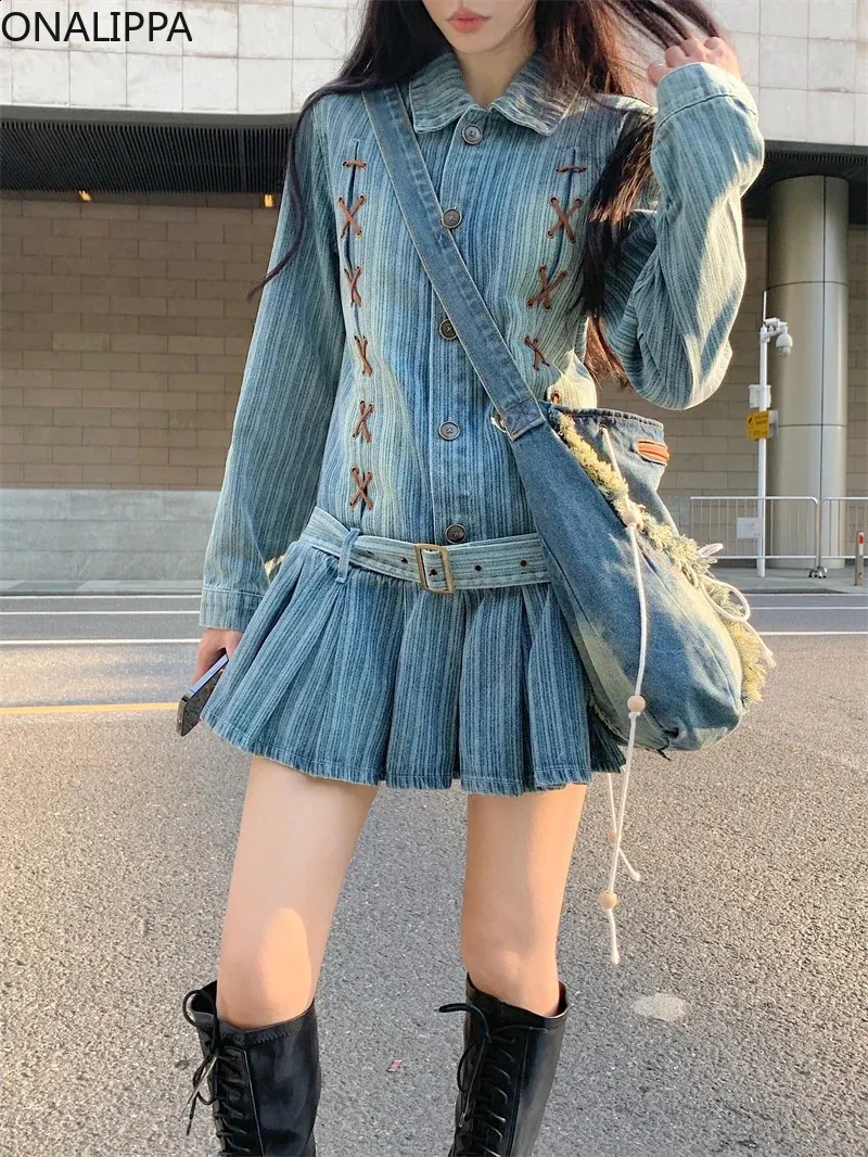 Save Big on Bulk Belted Denim Mini Dress Mini Dress Korea Style: Denim Mini  Dress With Waist Belt And Pleated Ruffles, Long Sleeves Perfect For Chic