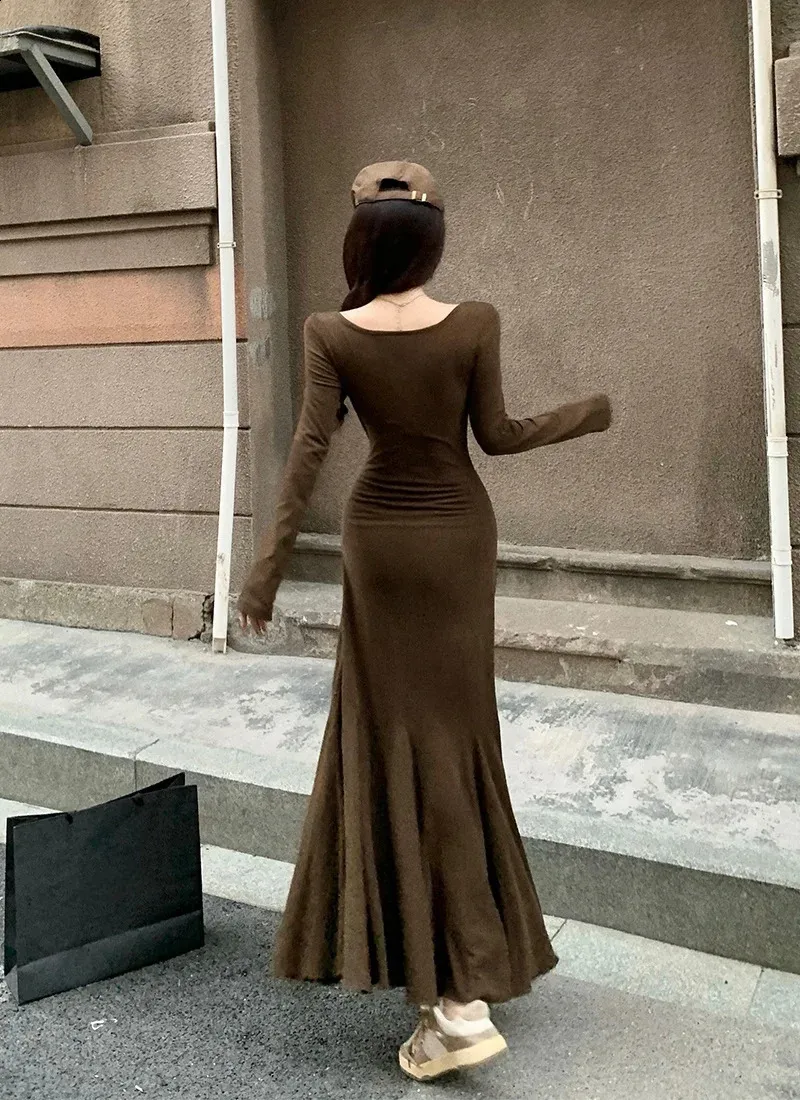 Knee Length Black Korean Slim Lace Long Sleeve Cocktail Dress 2018 Korean  Vintage Mermaid Dress Elegant