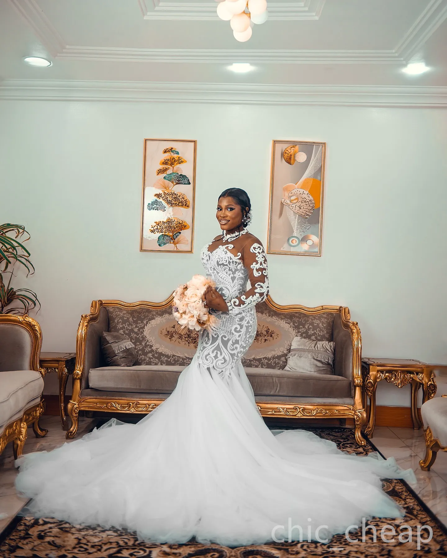 Ivory Mermaid Wedding Dress: Elegant Lace, Sheer Neck, Full 