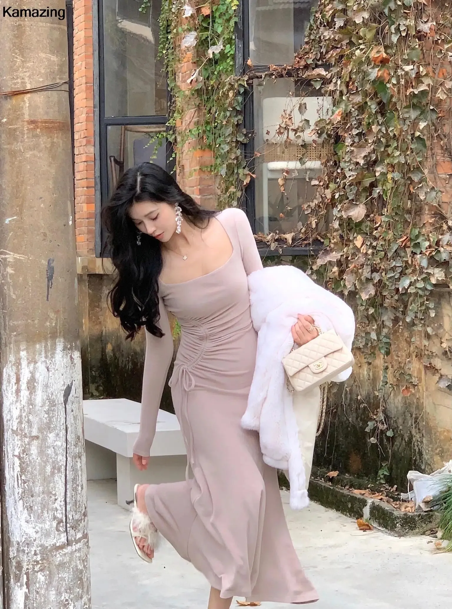 chiffon bodycon dress Pink Satin And Chiffon Bodycon Mermaid Dress With Tiered Ruffle Skirt