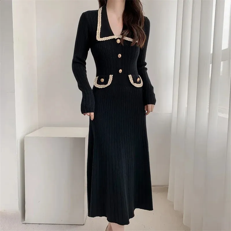 Korea Knitted Midi Dress Women Autumn Slim Long Sleeve High Waist
