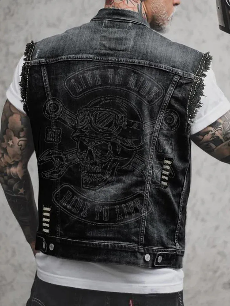Mens Cotton Denim Vest Retro Dark Print Casual Plus Size Spring