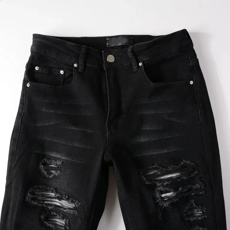 【COLOR iN ID】damage hole black jeans Streetwear Tight Stretch black jeans with Distressed Black