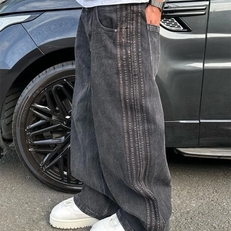 Mens Vintage Patch Embroidery Baggy Jeans Casual Wide Leg Hip Hop - Main Image