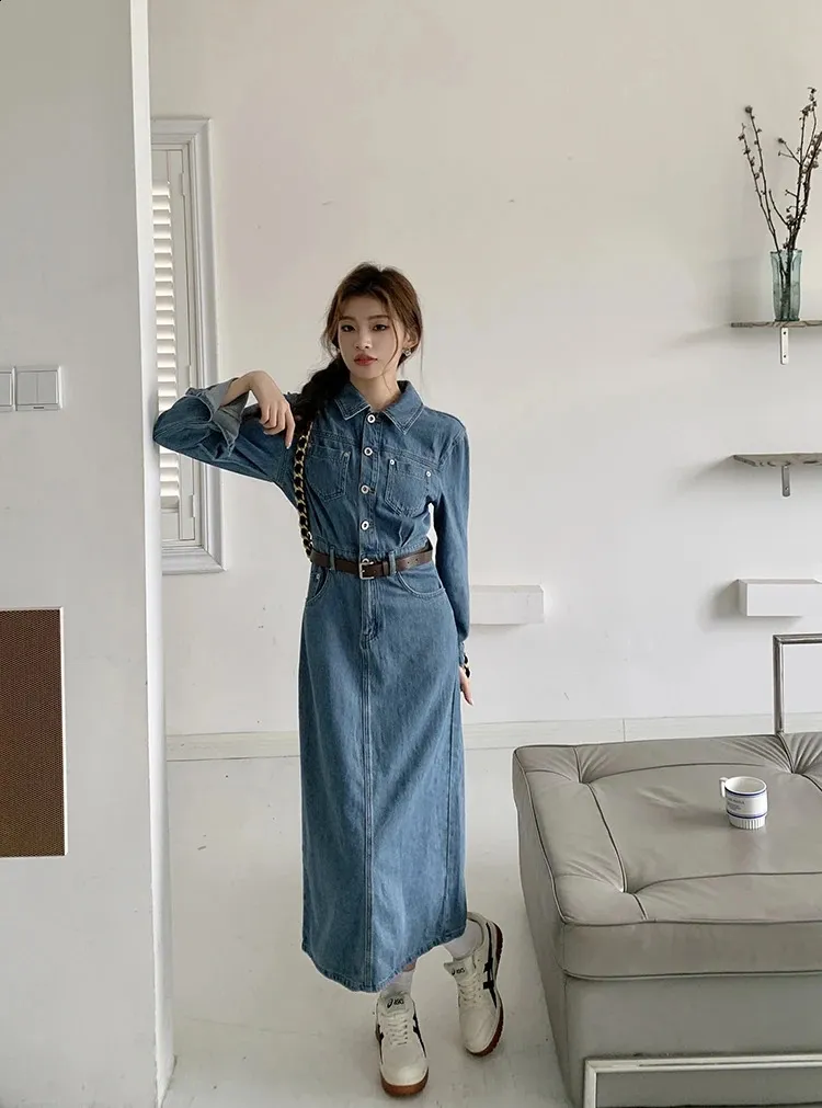 Autumn Denim Dress: Long Sleeve, Lapel Neck, Vintage Style