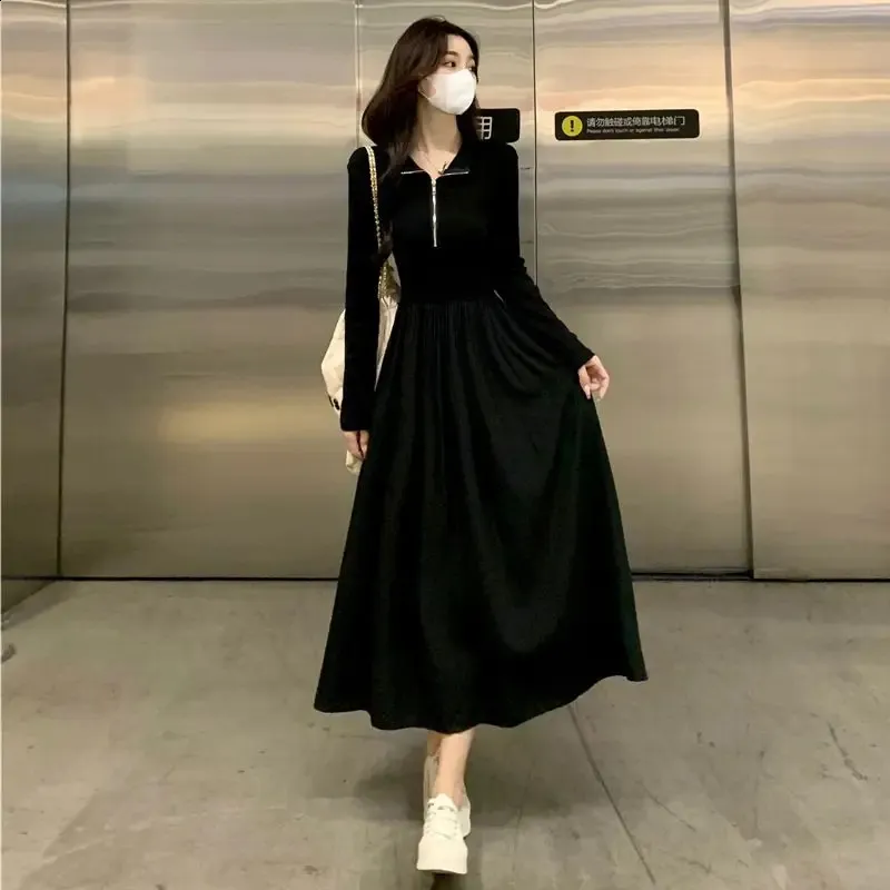 knee length dresses for ladies Fitted Long Sleeve Dress with Stand-Up Collar Black XL main image 0