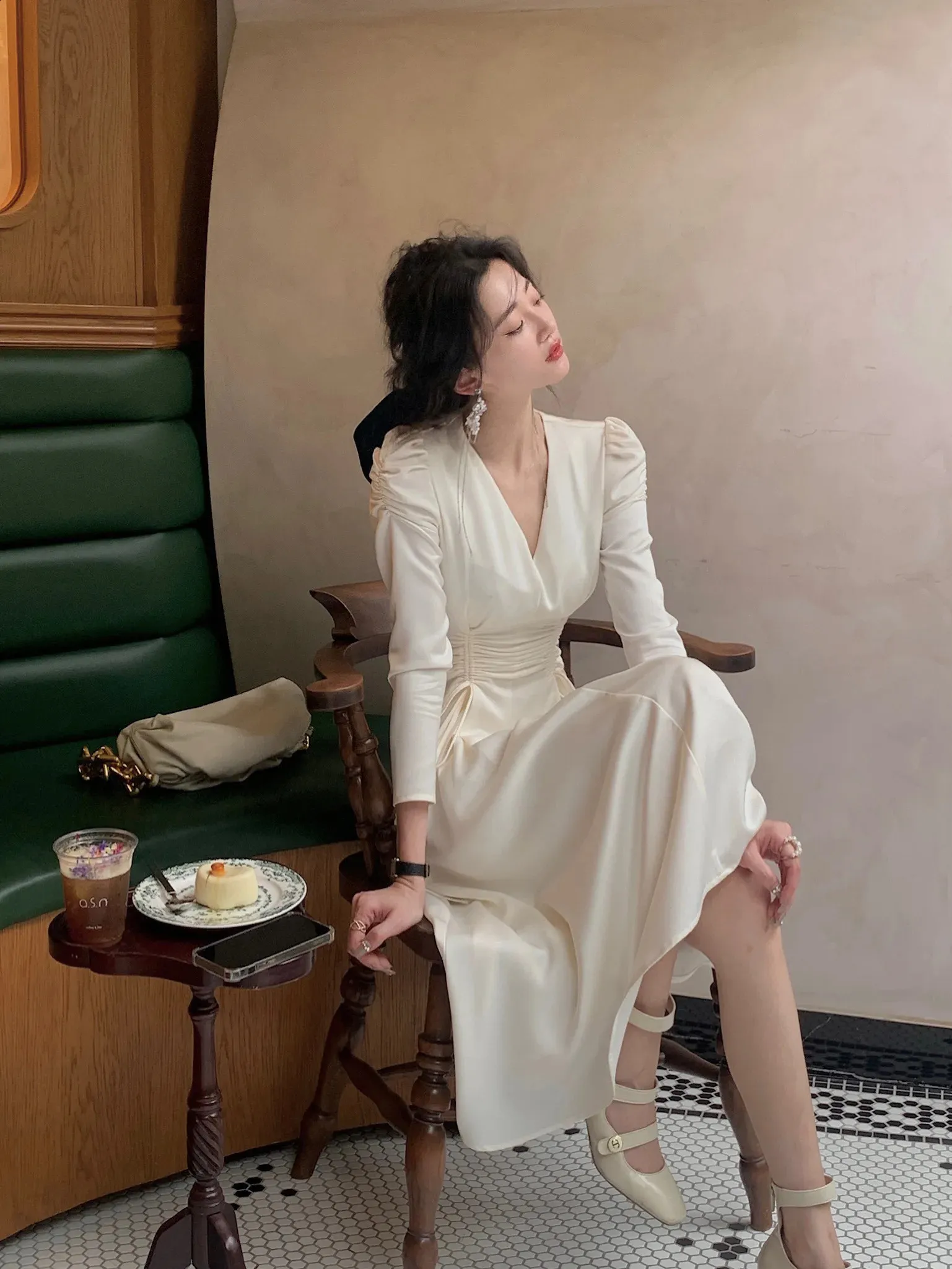 French Vintage Drawstring V Neck Midi Dress Ruched Long Sleeve