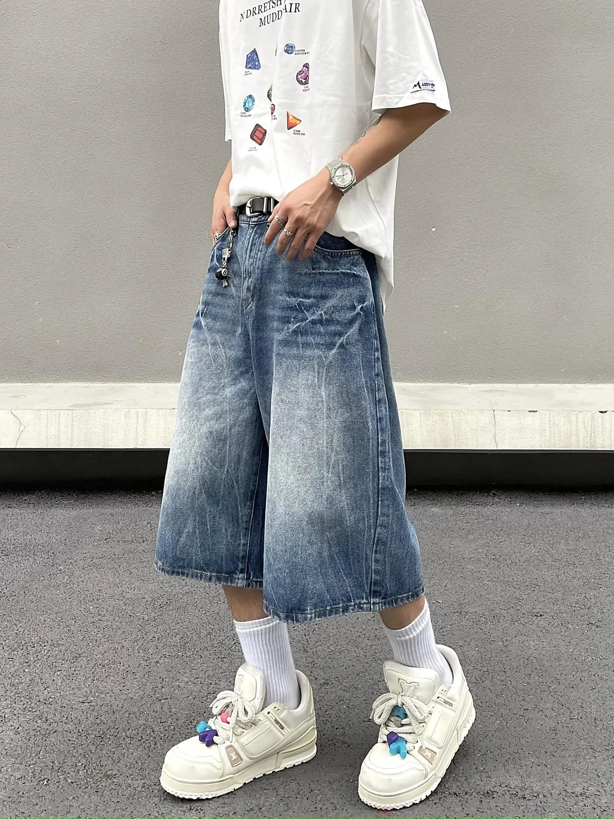 【KOOLOSET】Lightning Wishing Bermuda Denim Y2K Lightning Cropped Denim Shorts | Calf Length Distressed