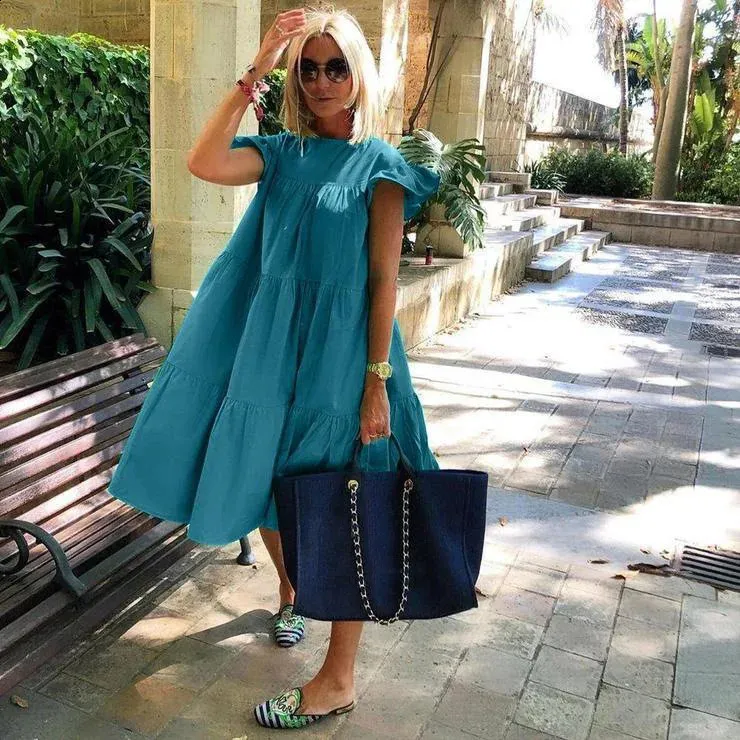 Romantic Graphic Swing Smocked Midi Dress with Ruffle Crew Neck and Long Sleeves