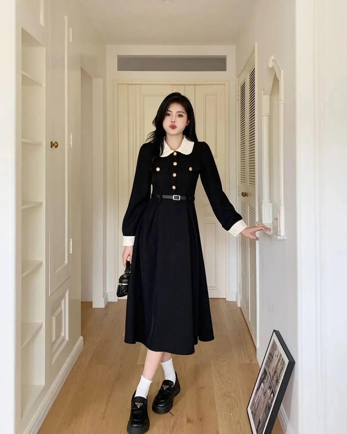 Korean Fashion A-line black dress for Women - High Waisted