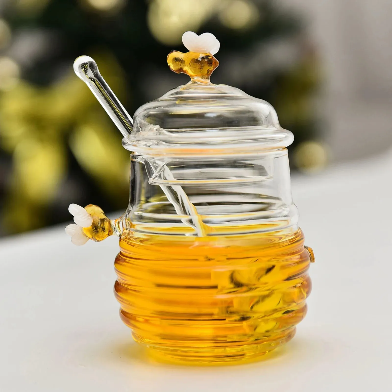 15 Oz Glass Honey Jar With Dipper & Lid - Beehive Shape Honey Pot, Crystal Clear, Dishwasher Safe, Kitchen Decor