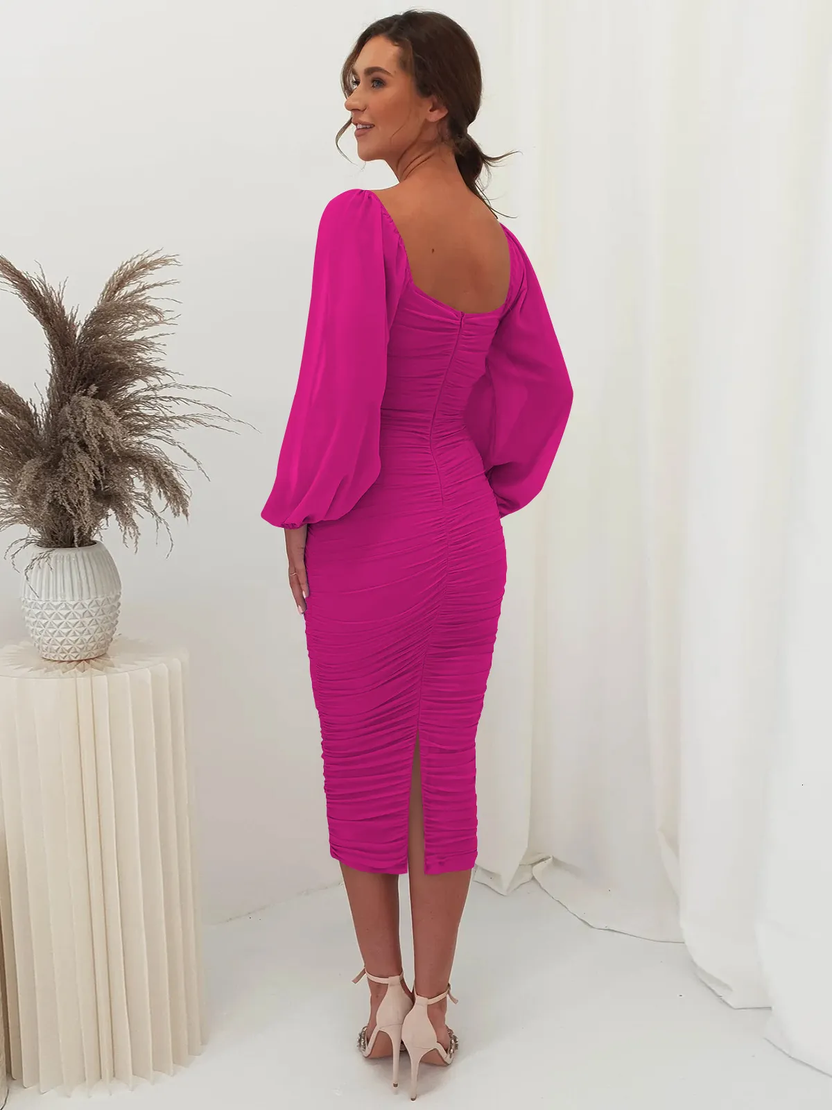 ruched bodycon dress with puff sleeves Samaire Puff Sleeve Ruched Bodycon Dress Brown Multi