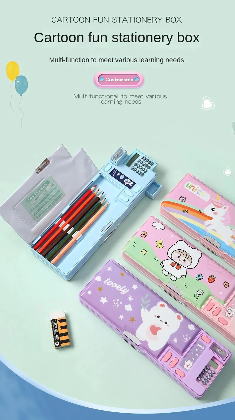 LilyBeauty Pop Up Multifunction Pencil Case For Girls And Boys, Cute Cartoon Pen Box Organizer Stationery With Sharpener, Scissors, Schedule, Whiteboard, Both Sides Open, Best Gifts For Kids(Blue