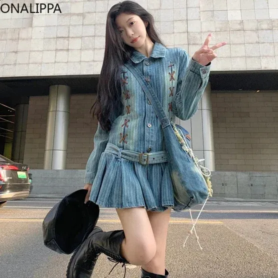 Vintage High Street Denim Mini Dress for Women with Waist Belt, Ruffles, and Pleated - Korean Chic Long Sleeve Vestidos by Onalippa (240816)