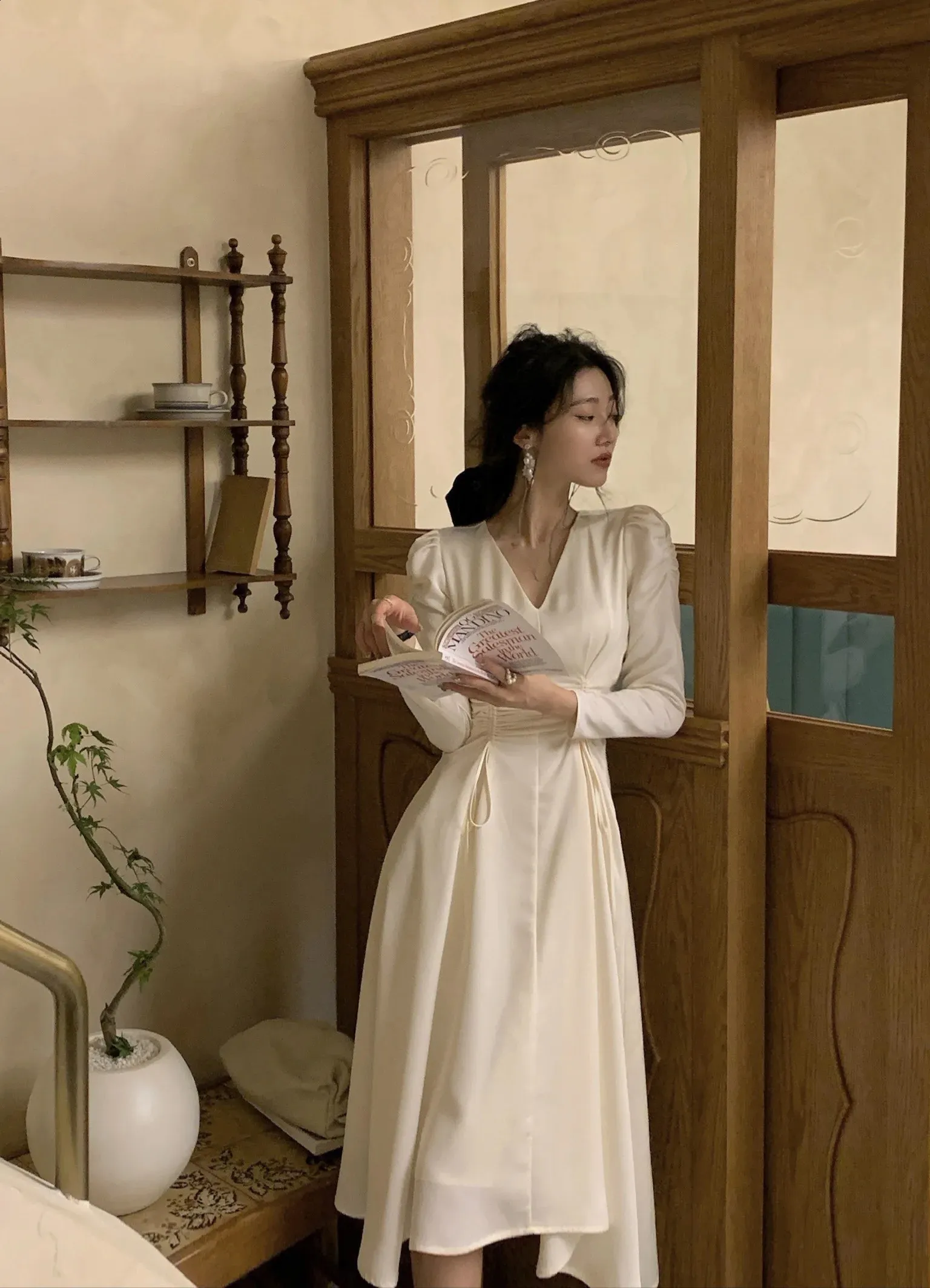 French Vintage Drawstring V Neck Midi Dress Ruched Long Sleeve