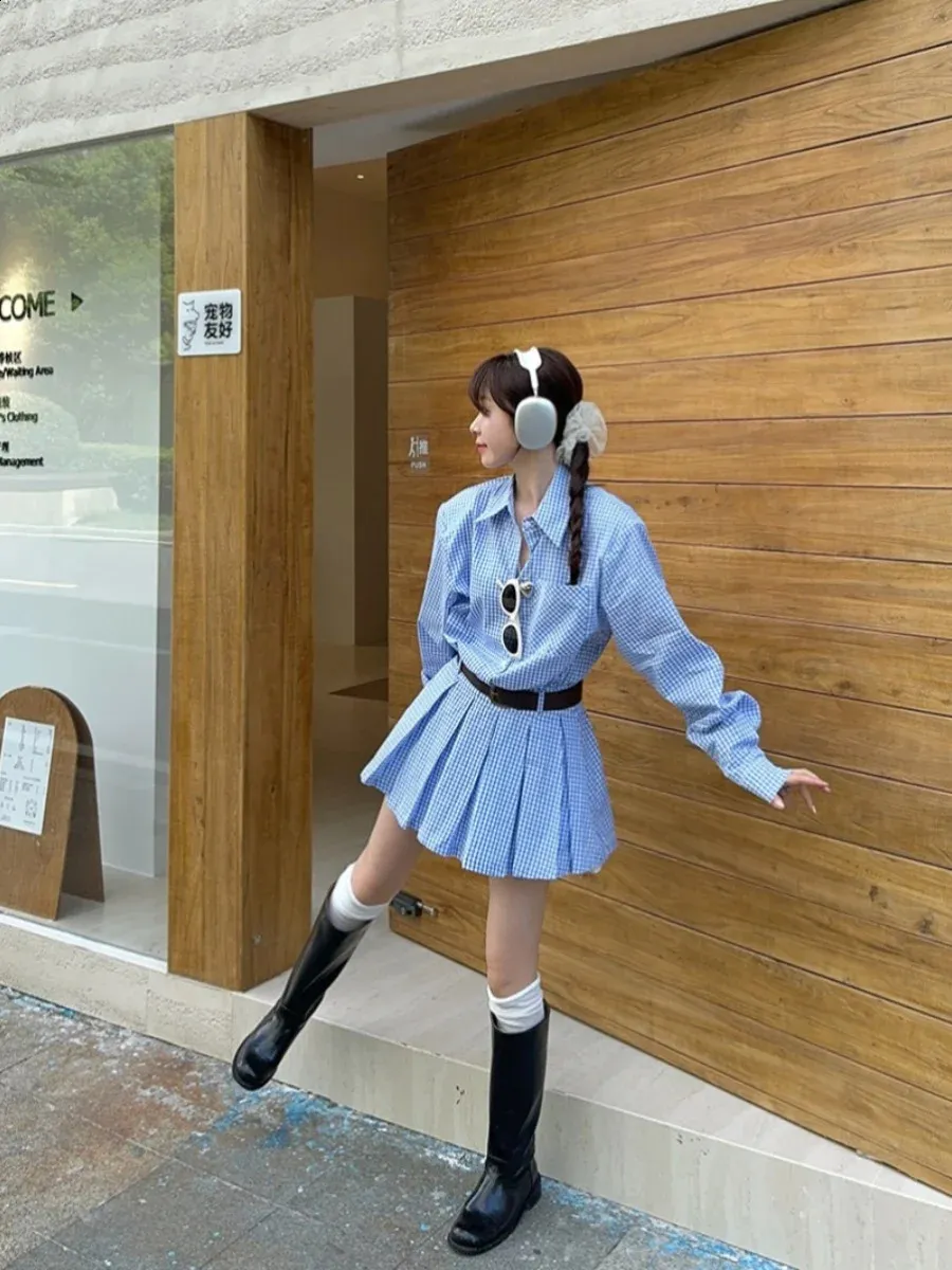 Blue Plaid Preppy Style Women's Dress with Turn-Down Collar, Long Sleeves, High Waist, and Slim Fit - Korean Fashion A-Line Mini Dress (240816)
