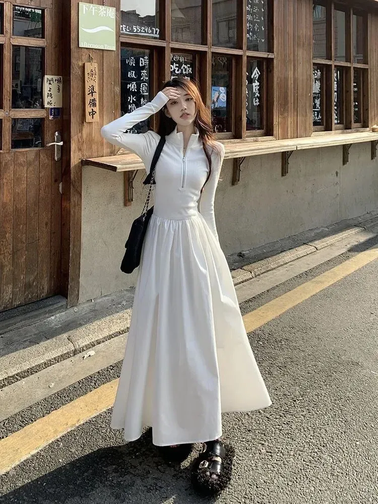 floor length white long sleeve dress Tracy Studio White LONG SLEEVE TRAPEZOID NECKLINE BODYCON FULL DRESS