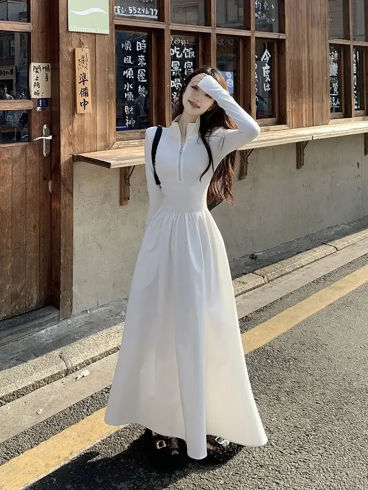 Korean Style Zip White dress for Women - QWEEK Autumn Streetwear with Long Sleeves and Solid Color Korean Style Zip White dress for Women - QWEEK Autumn Streetwear with Long Sleeves and Solid Color