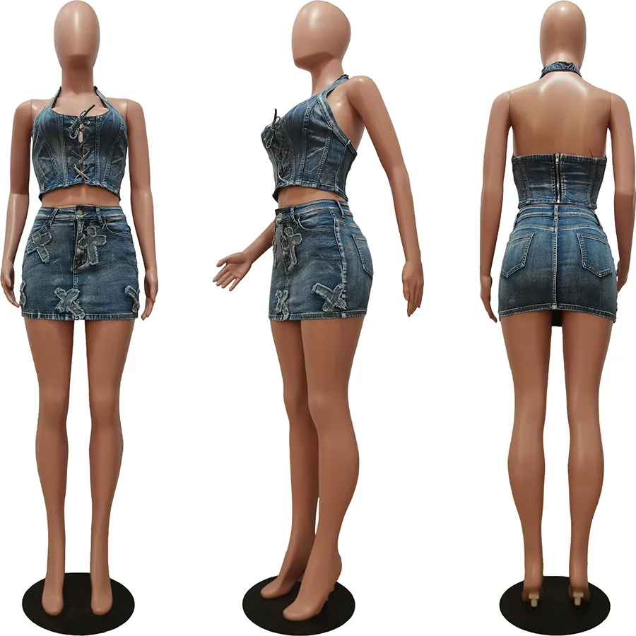 DHgate.com:Sexy Denim Skirt Set: Womens Sleeveless Halter