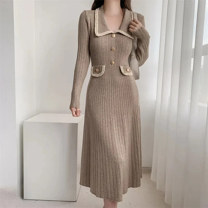 Korea Knitted Midi Dress Women Autumn Slim Long Sleeve High Waist