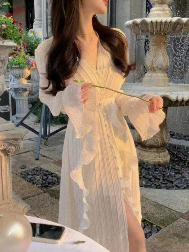Pleated Ruffle Dress Womens Chiffon Floor-Length Dress with Short Sleeves  Pullover Closure White from Dhgate Basic & Casual Dresses