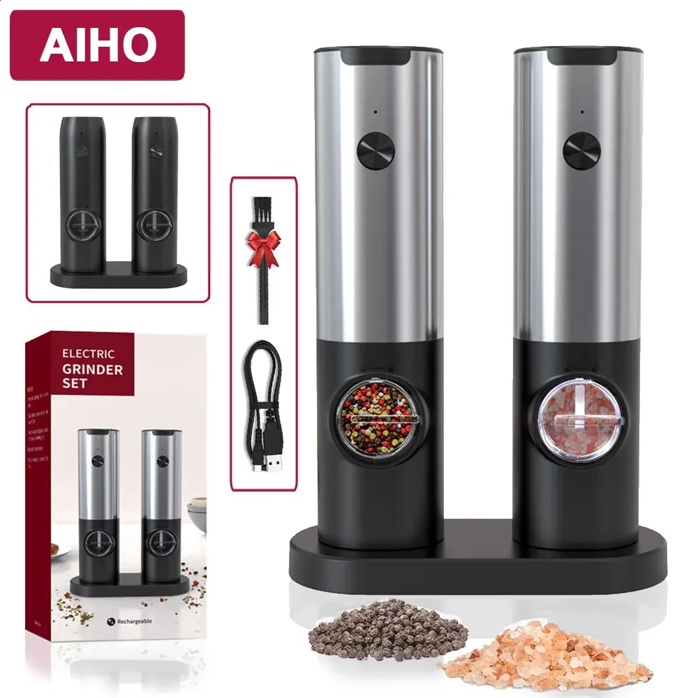 Rechargeable Electric Salt & Pepper Grinder Set with USB Base & LED ...