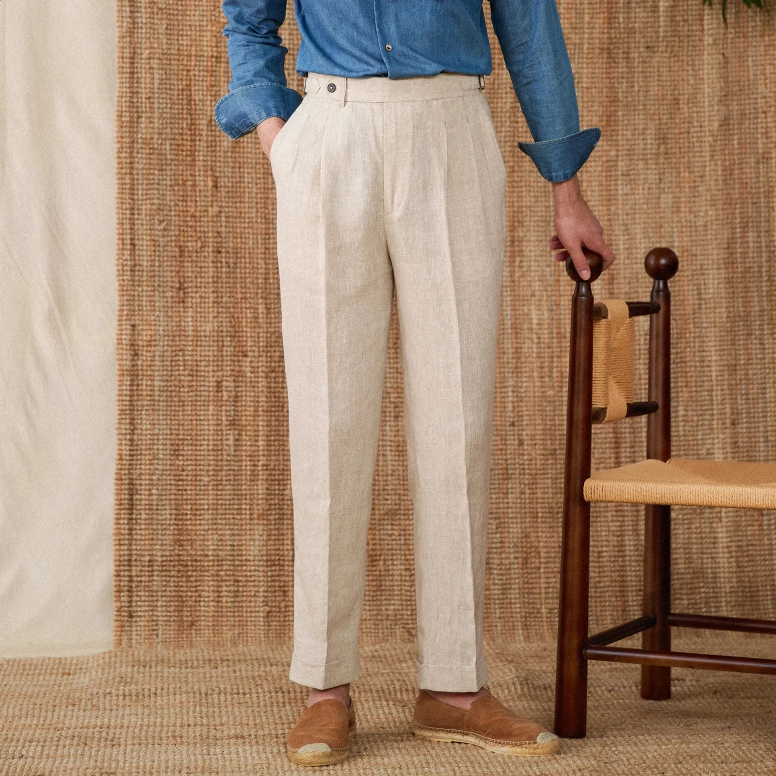 Mens Casual Linen Trousers, Naples Style Linen Suit Pants