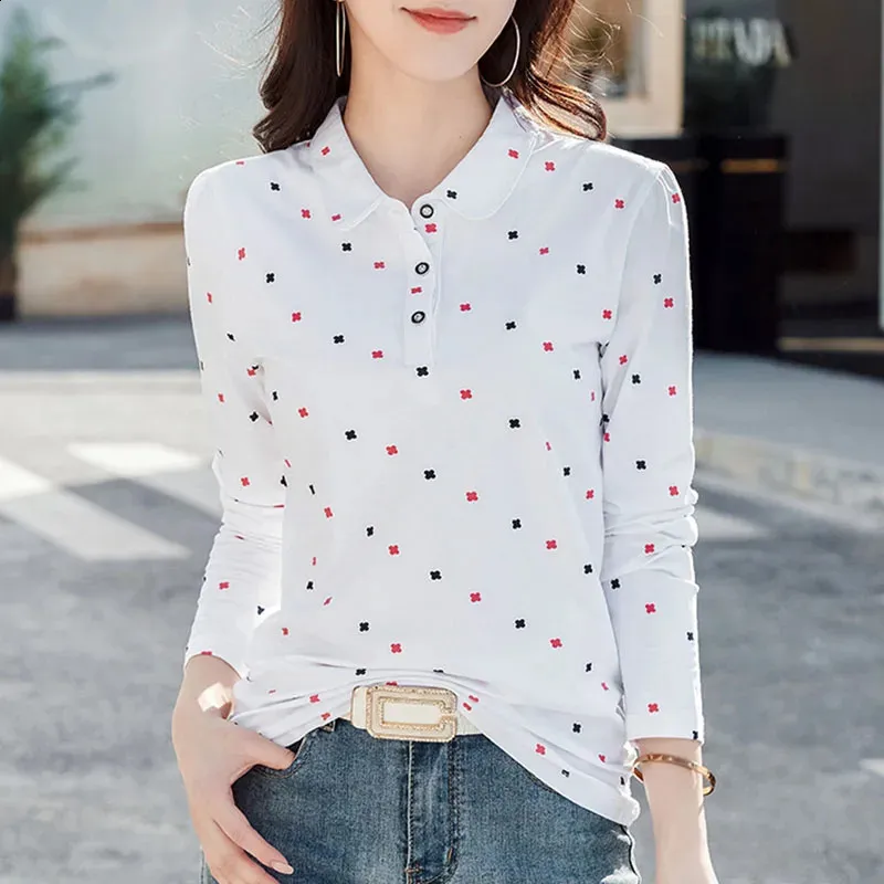 Spring Polo Shirts for Women Soft Cotton Long Sleeve Tops Turn Down Collar Printed Fashion Blouses Slim Fit Ladies T Shirts