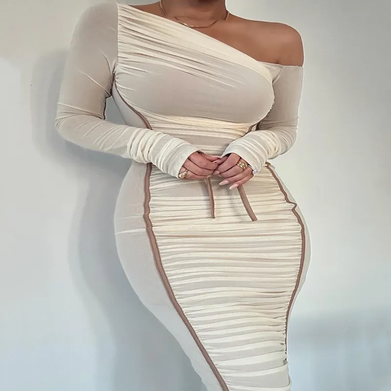 Diagonal Collar Long Sleeve Midi Dress for Women Two Layer Mesh Backless Ruched Bodycon Club Party Sexy Long Dress Black / M