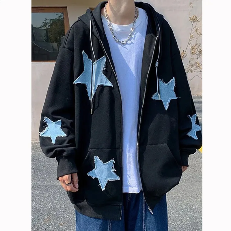 Mens Y2k Hoodie - Star Patch Zip-Up Jacket - 90s Streetwear