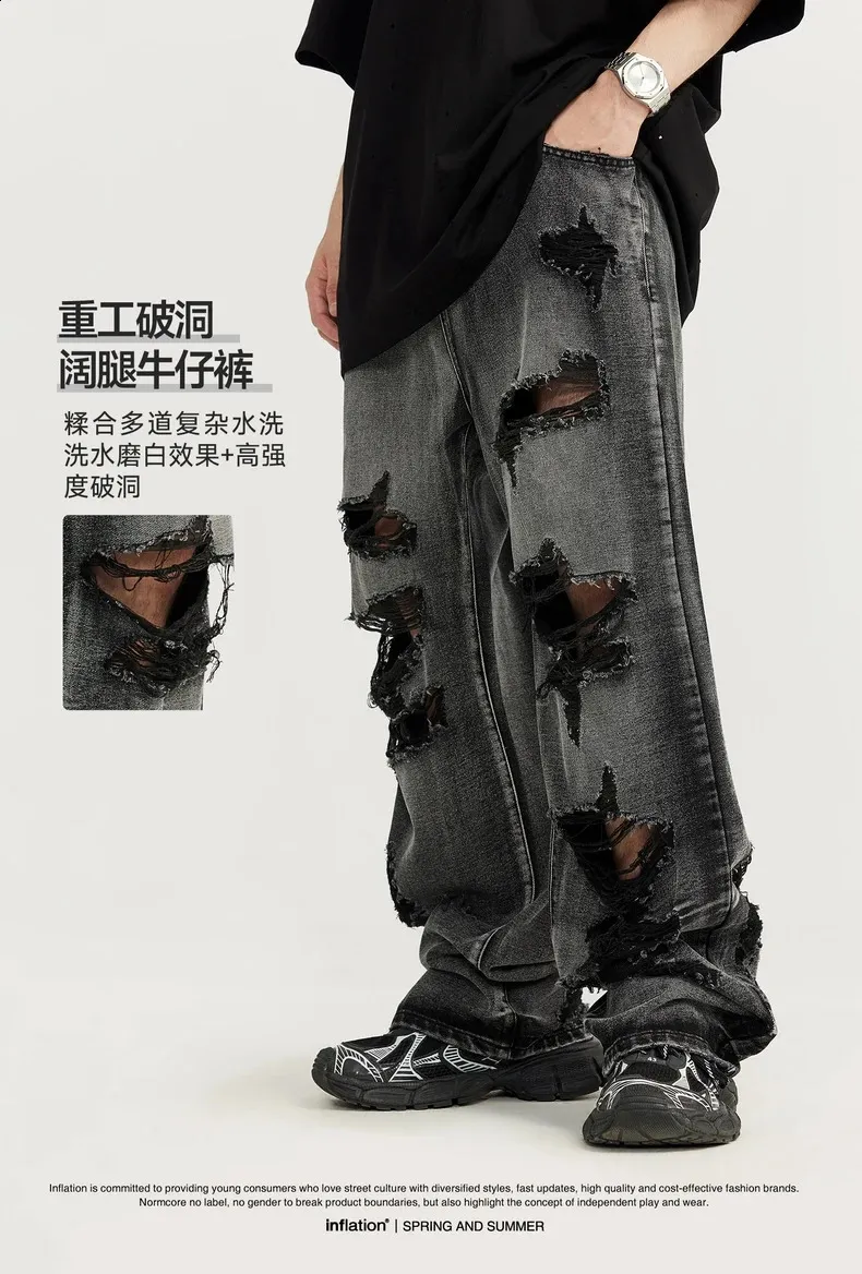 パンツ no mass prod BROKEN BAGGY JEANS Mens Ripped Jeans Washed Distressed Denim Pants Streetwear