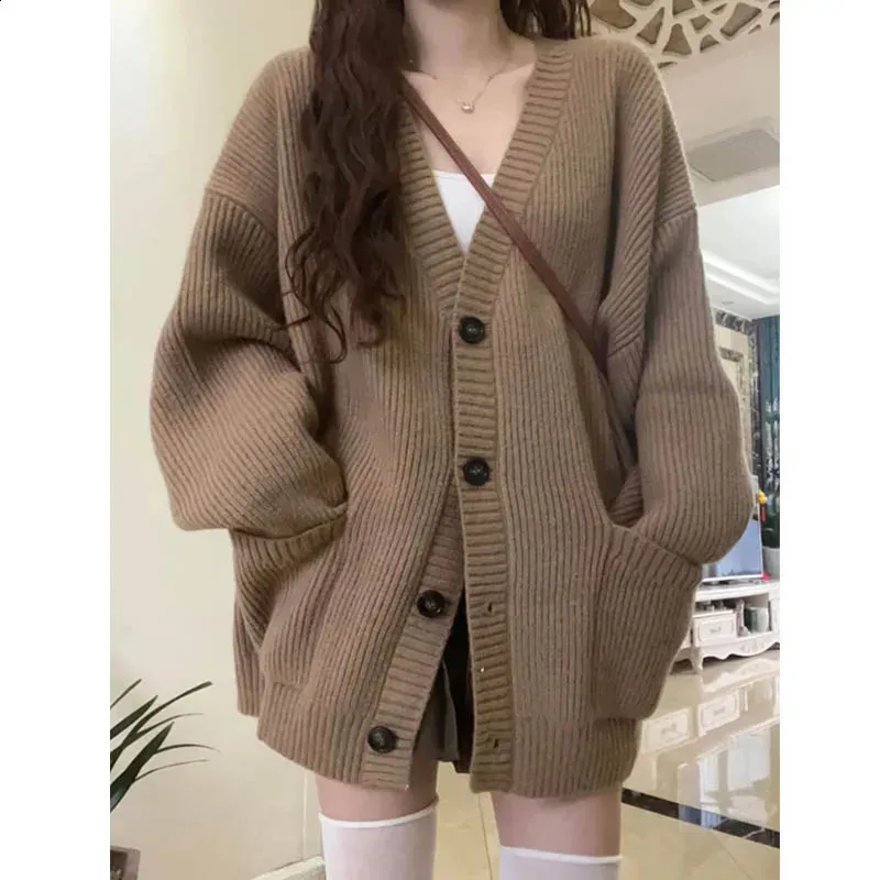 Women's V-Neck Cardigan Sweater Oversized Chunky Knit Button Closure Wool Coat Black S at Women's Clothing store