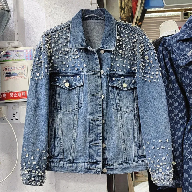 Womens Short Sleeve Denim Jacket: Vintage Beaded Light Blue Denim - Main Image