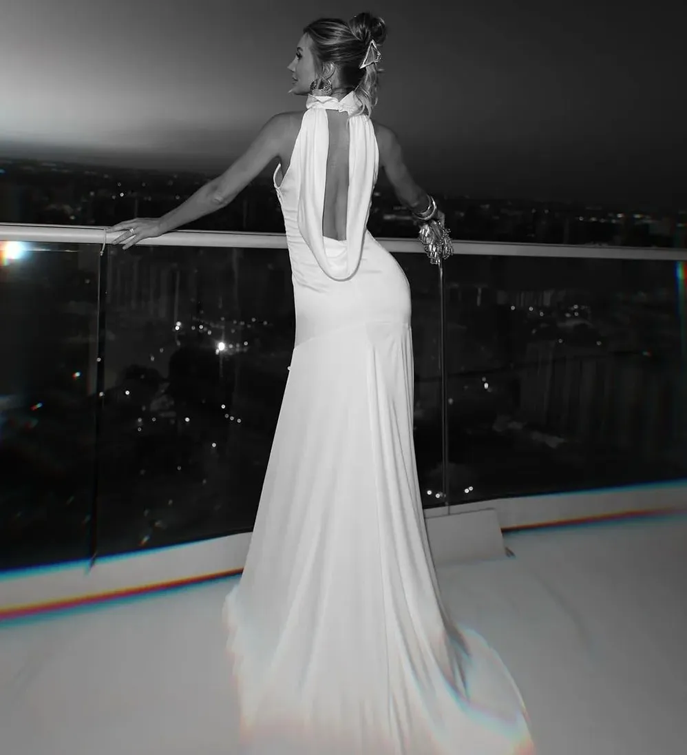 Sexy White Evening Dresses Halter Backless Satin Prom Formal Party Gowns Celebrity Dress Robe Soiree Vestidos de Feast Custom Made