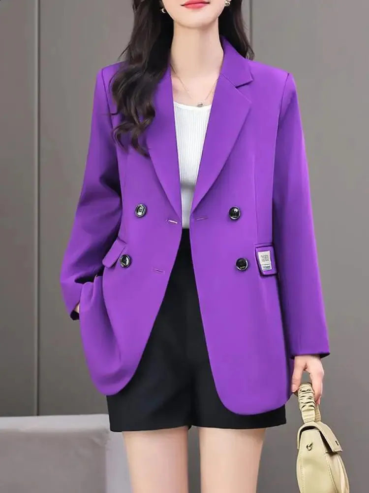 Autumn Purple Double Breasted Blazers Coat for Women Fashion Office Ladies Long Sleeve Gold Slim Suit Jacket Vintage Korean 240819